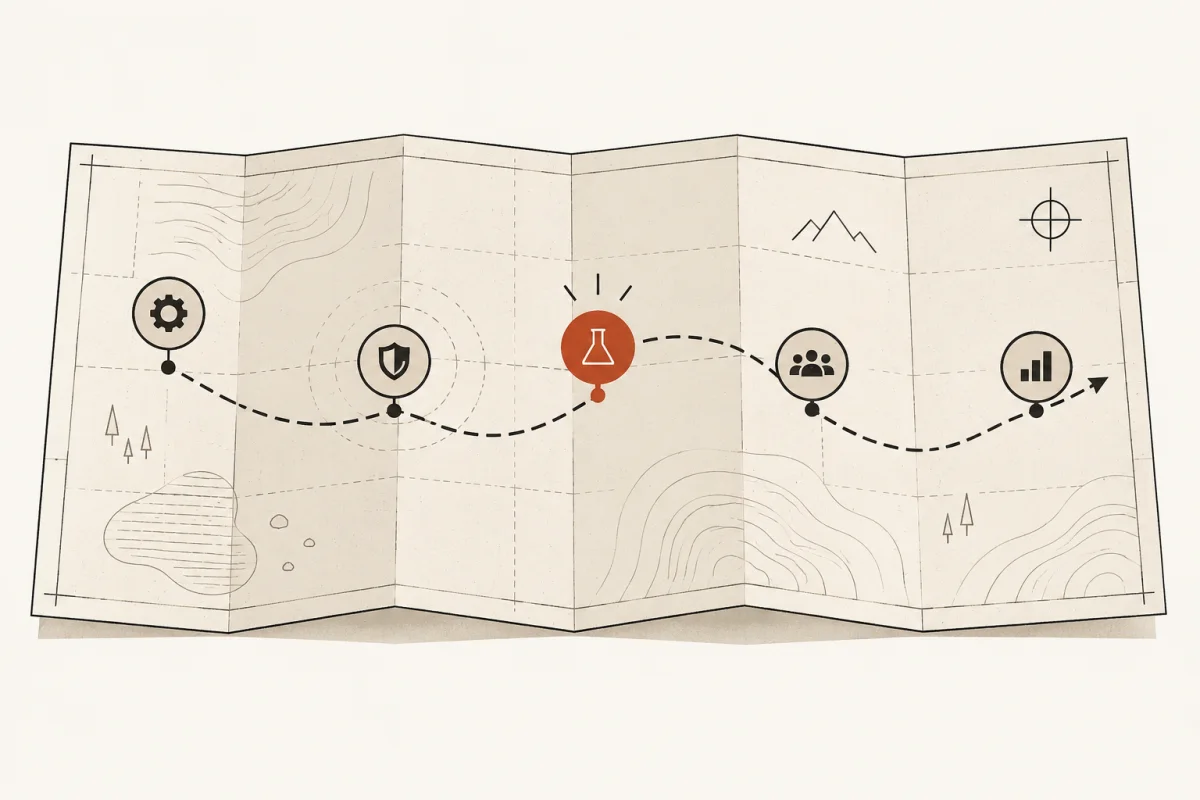 A folded operating map connects five checkpoints from workflow selection to measured results.