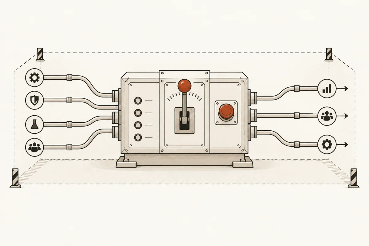 A bounded control station routes connected workflows through an approval lever and stop control.